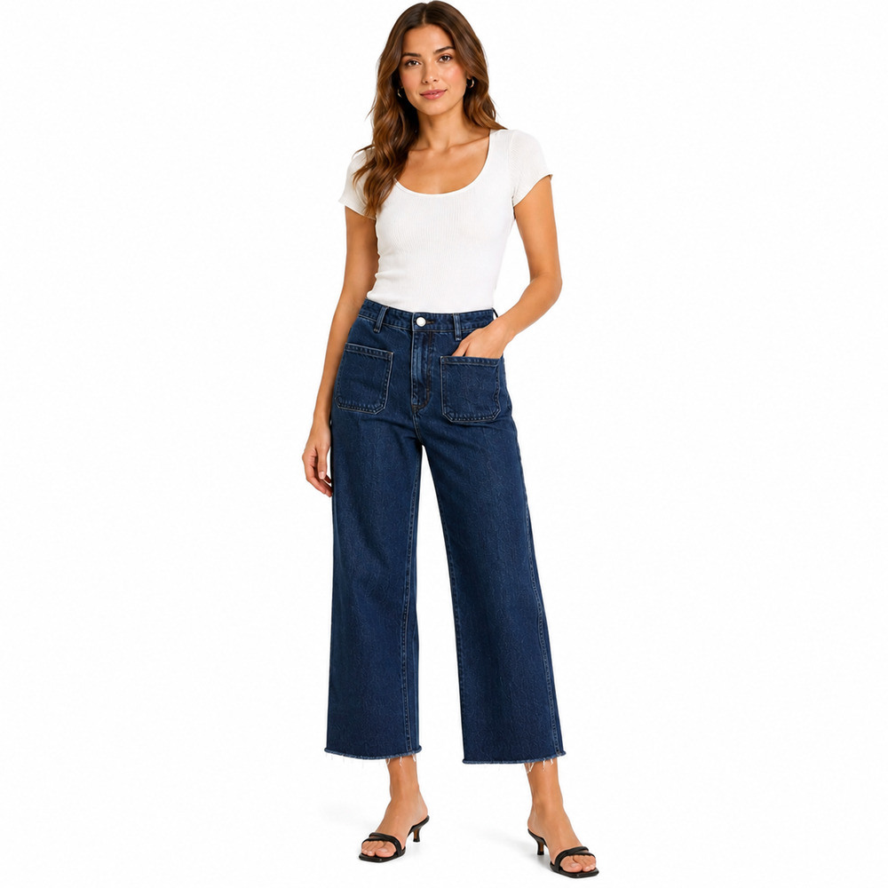 Rag & Bone Elenna Dark Wash Wide Leg High Rise Raw Hem Blue Jeans sz 23 x 26